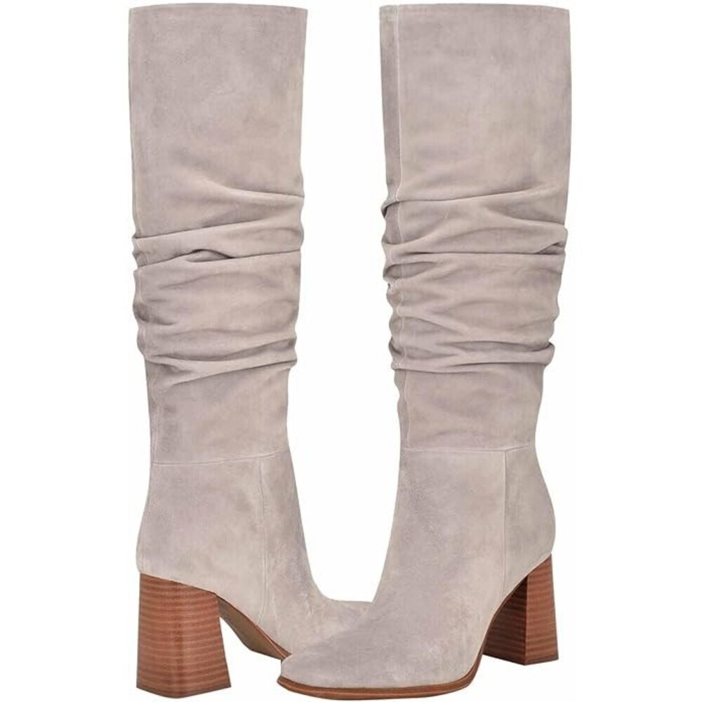 Nine West Domaey Bootie Womens 8.5 Grey Suede Block Heel Knee-High Boots LION506